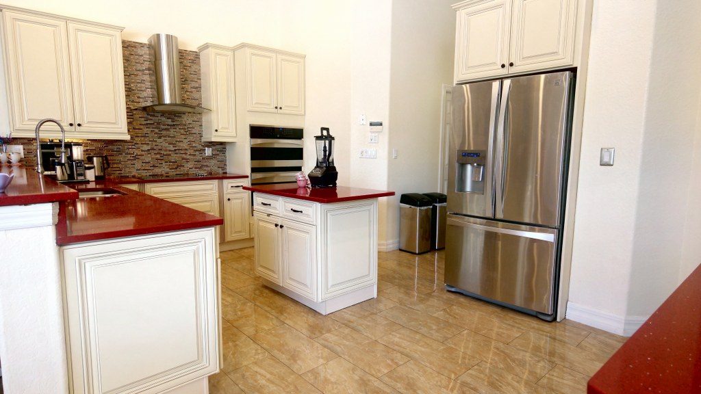 Open kitchen with island and wide counters