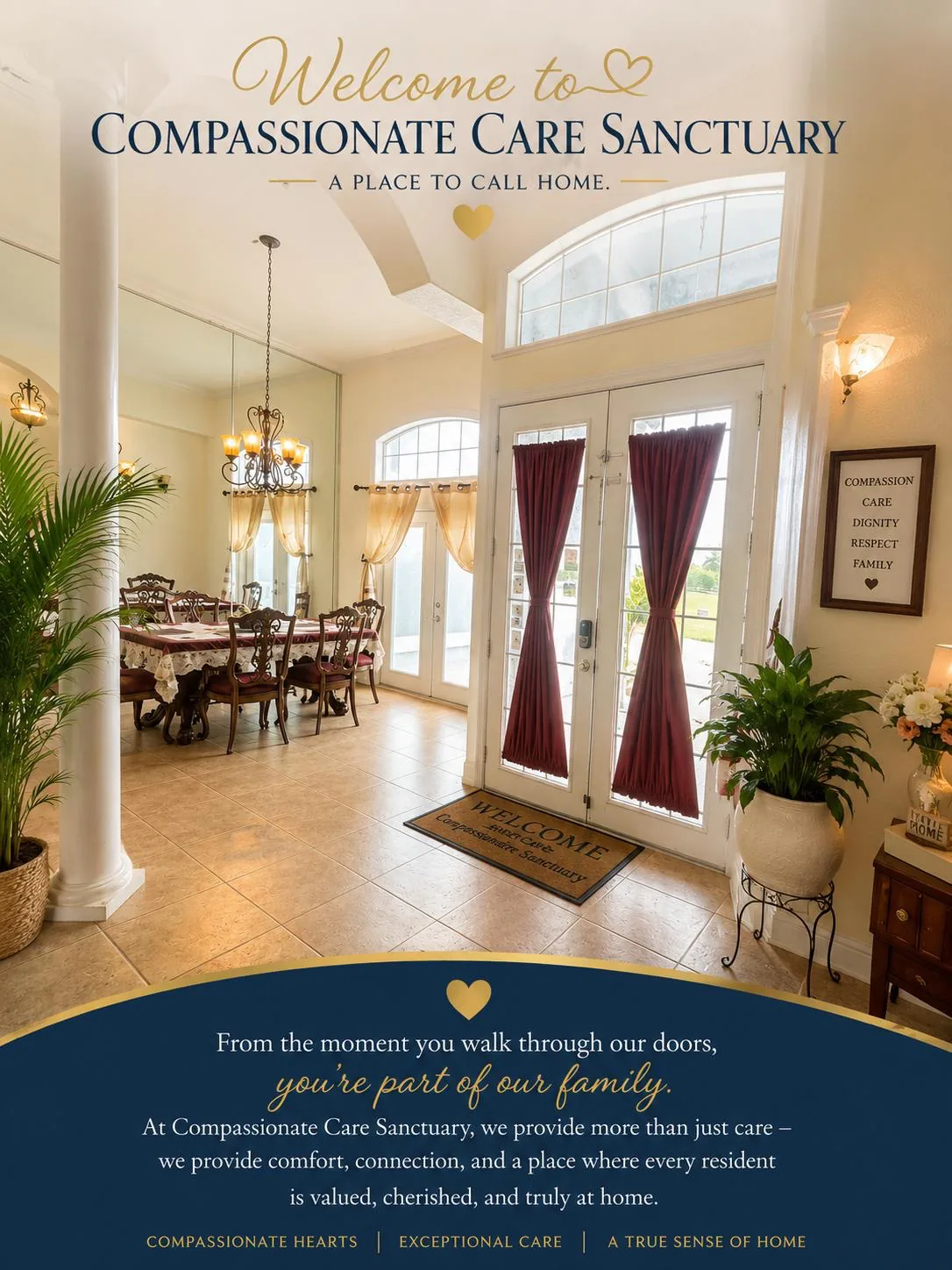 Client-supplied promotional graphic reading Welcome to Compassionate Care Sanctuary, A Place to Call Home