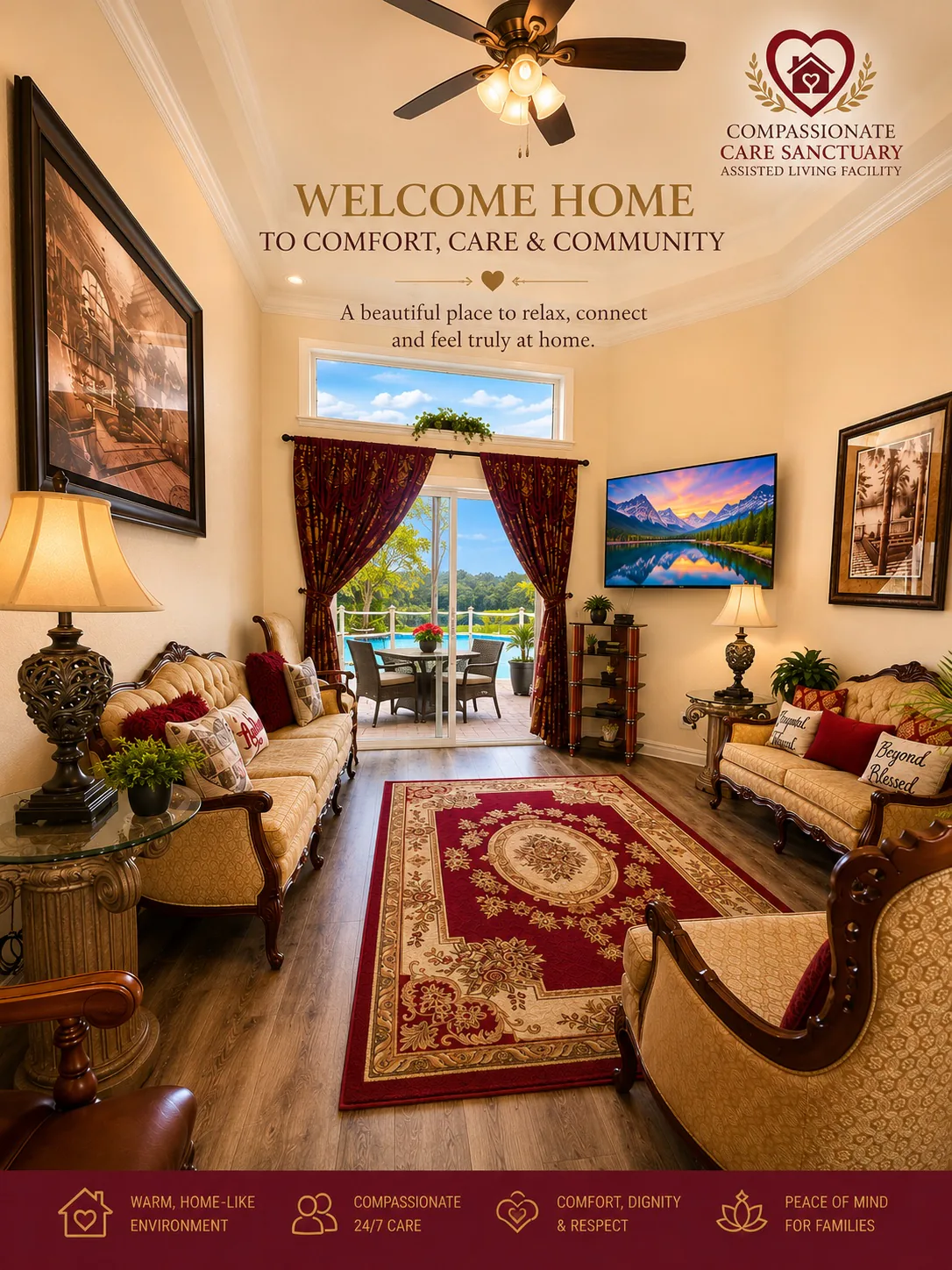 Client-supplied Welcome Home promotional graphic showing a furnished living room and pool